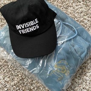 INVISIBLE FRIENDS STILL HIDING MERCH BUNDLE BLUE HOODIE BLACK DAD HAT LARGE *NEW